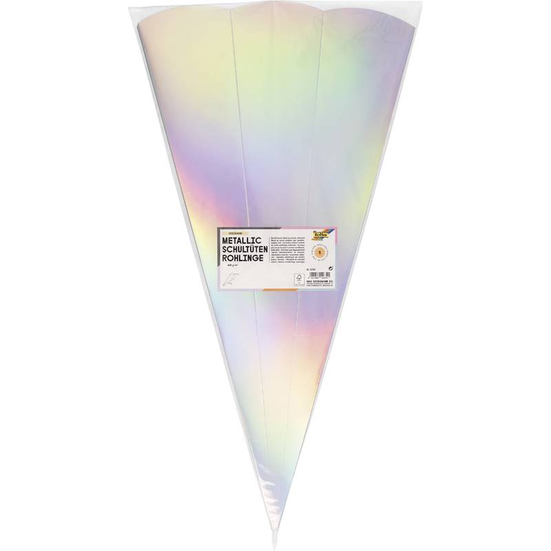 Ein kegelförmiger metallischer regenbogenschimmernder Gegenstand mit einem Etikett, das Text auf Deutsch anzeigt. Es scheint eine Verpackung für ein Bastelprodukt zu sein.