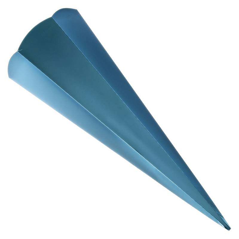 Ein blauer, symmetrischer, kegelförmiger Gegenstand, der von der Seite und leicht von oben betrachtet wird.