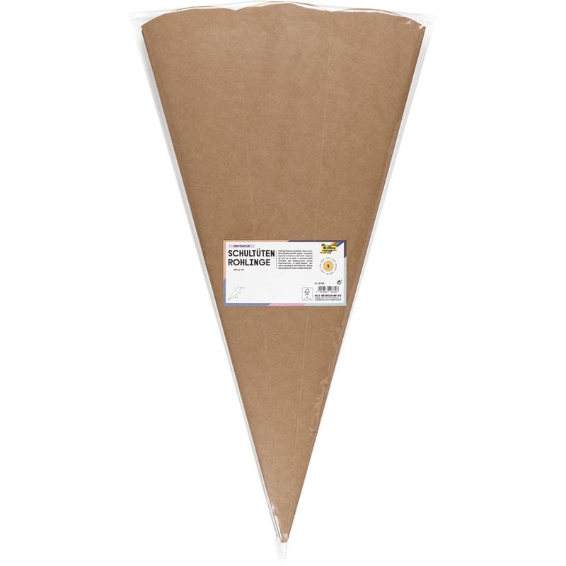 Eine große, schlichte braune Papiertüte in Kegelform mit einem Etikett, das 