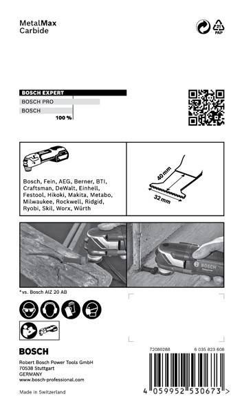 Eine Werbeanzeige für das Bosch Pro Multitool zeigt die Klingenabmessung (40mm x 32mm) und kompatible Marken und veranschaulicht präzises Schneiden in Holz.