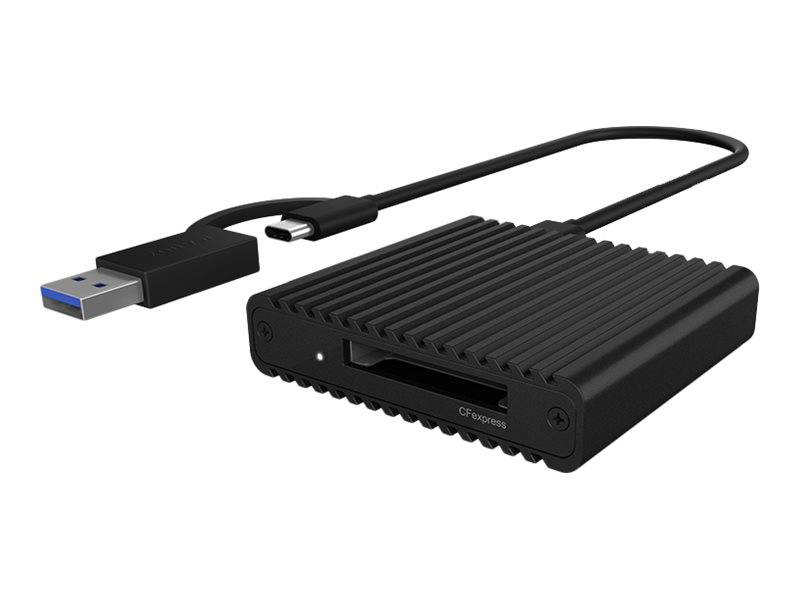 USB 3.0 externes Gehäuse mit angeschlossenem Kabel und blauem USB-A-Anschluss, dargestellt auf weißem Hintergrund.