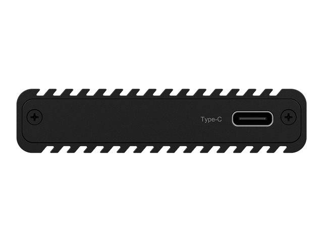 Schwarzes rechteckiges Gerät mit USB-C-Anschluss und seitlichen Schrauben, frontal auf weißem Hintergrund dargestellt.