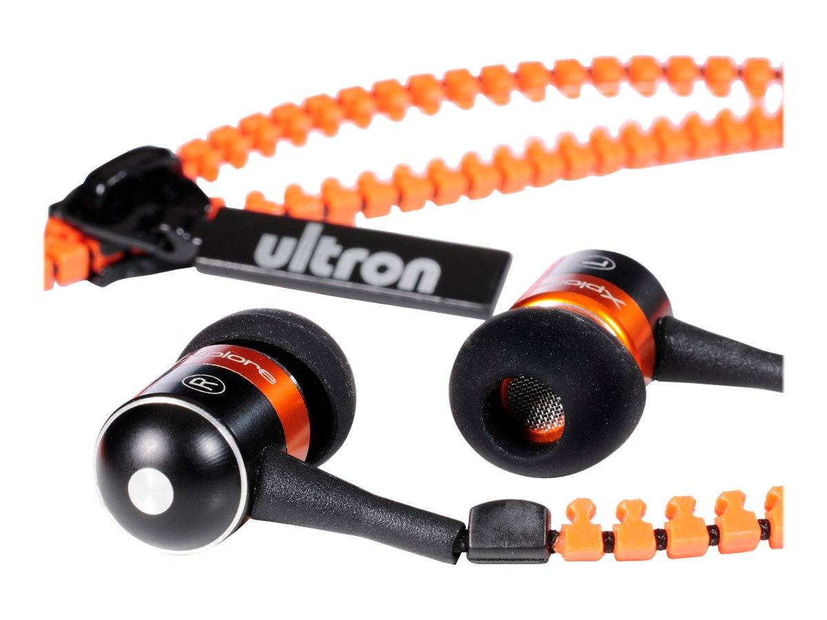 Paar schwarzer und orangefarbener Ultron-Kopfhörer mit Kabel und einem orangefarbigen Reißverschluss-Kabel auf weißem Hintergrund.
