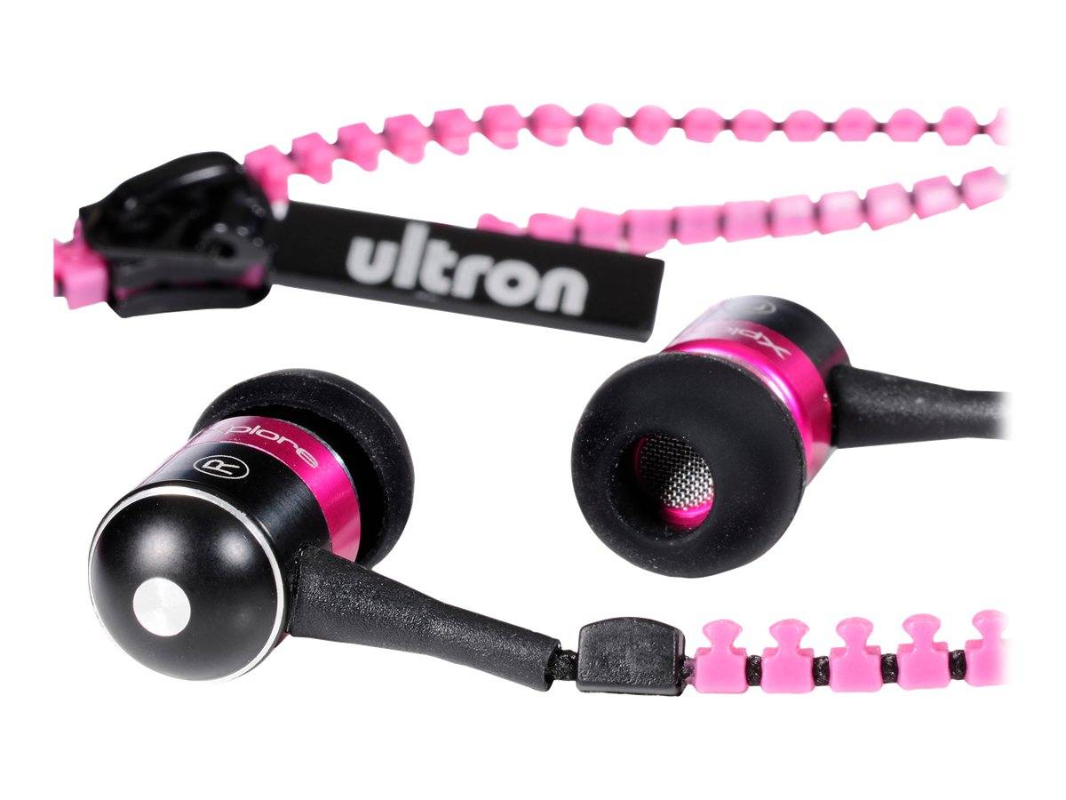 Rosa Ultron Kopfhörer mit Kabel mit schwarzen In-Ear-Ohrhörern und Kabelclips auf weißem Hintergrund.
