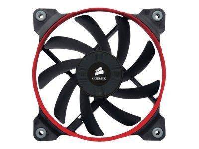 Ein schwarzer Computer-Kühlerlüfter mit rotem Rahmen und dem Corsair-Logo in der Mitte.