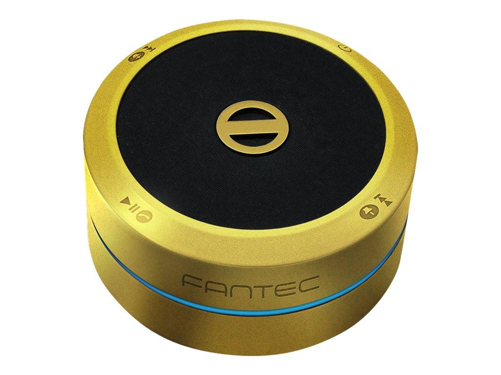 Goldener zylindrischer tragbarer Lautsprecher von Fantec mit schwarzer Oberseite, zentraler Einschaltknopf und kleinen Steuersymbolen rund um den Rand.