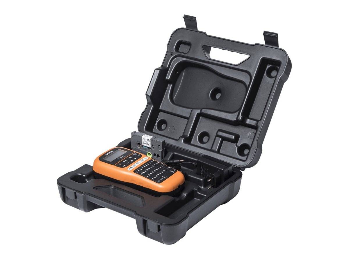 Ein orange-schwarzer tragbarer Etikettendrucker wird in einem schwarzen Kunststoff-Tragekoffer mit Fächern für Zubehör präsentiert.