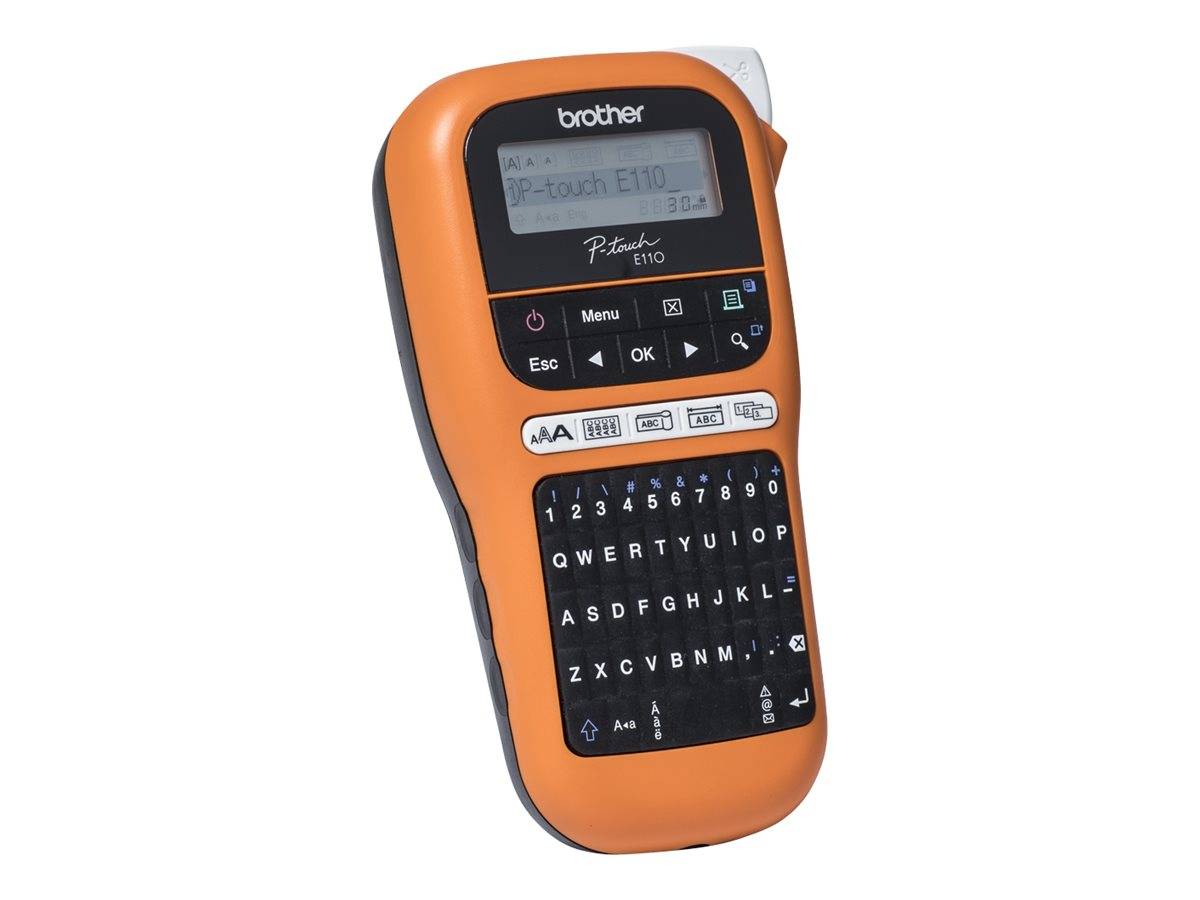 Eine orangefarbene, tragbare Beschriftungsmaschine mit einer QWERTZ-Tastatur und einem kleinen Display, auf dem 