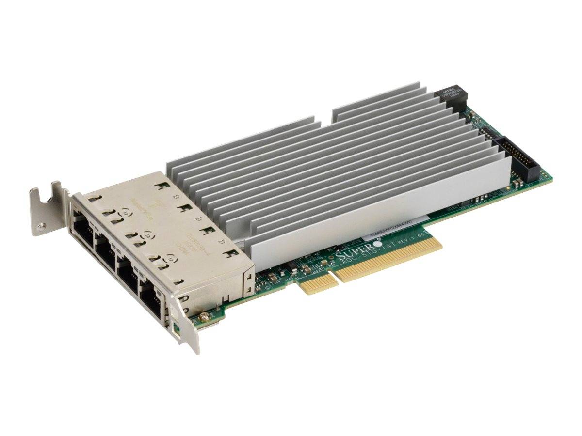 PCIe-Netzwerkschnittstellenkarte mit großem silbernem Kühlkörper und vier Ethernet-Anschlüssen auf einer grünen Leiterplatte, dargestellt auf weißem Hintergrund