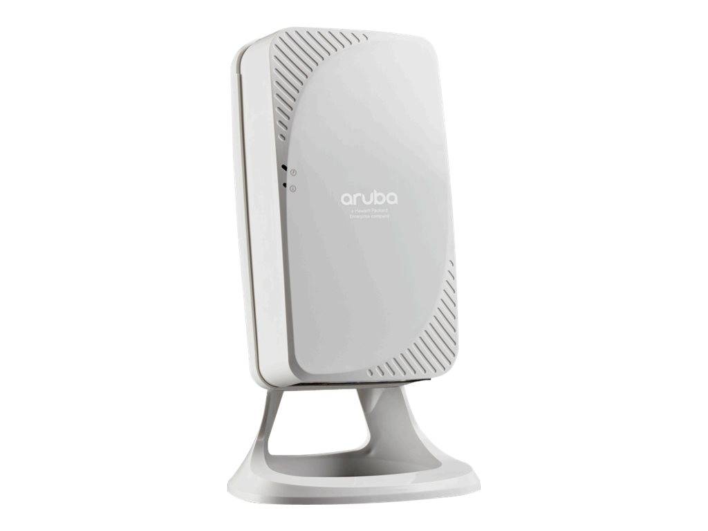 Weißer Aruba-WLAN-Zugangspunkt auf einem eleganten Tischständer, isoliert auf weißem Hintergrund dargestellt.