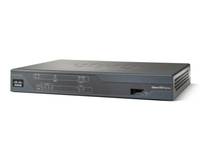 Ein schwarzer Cisco-Netzwerk-Router oder Switch mit Statusleuchten an der Vorderseite und Anschlüssen, dargestellt auf einem einfachen weißen Hintergrund.