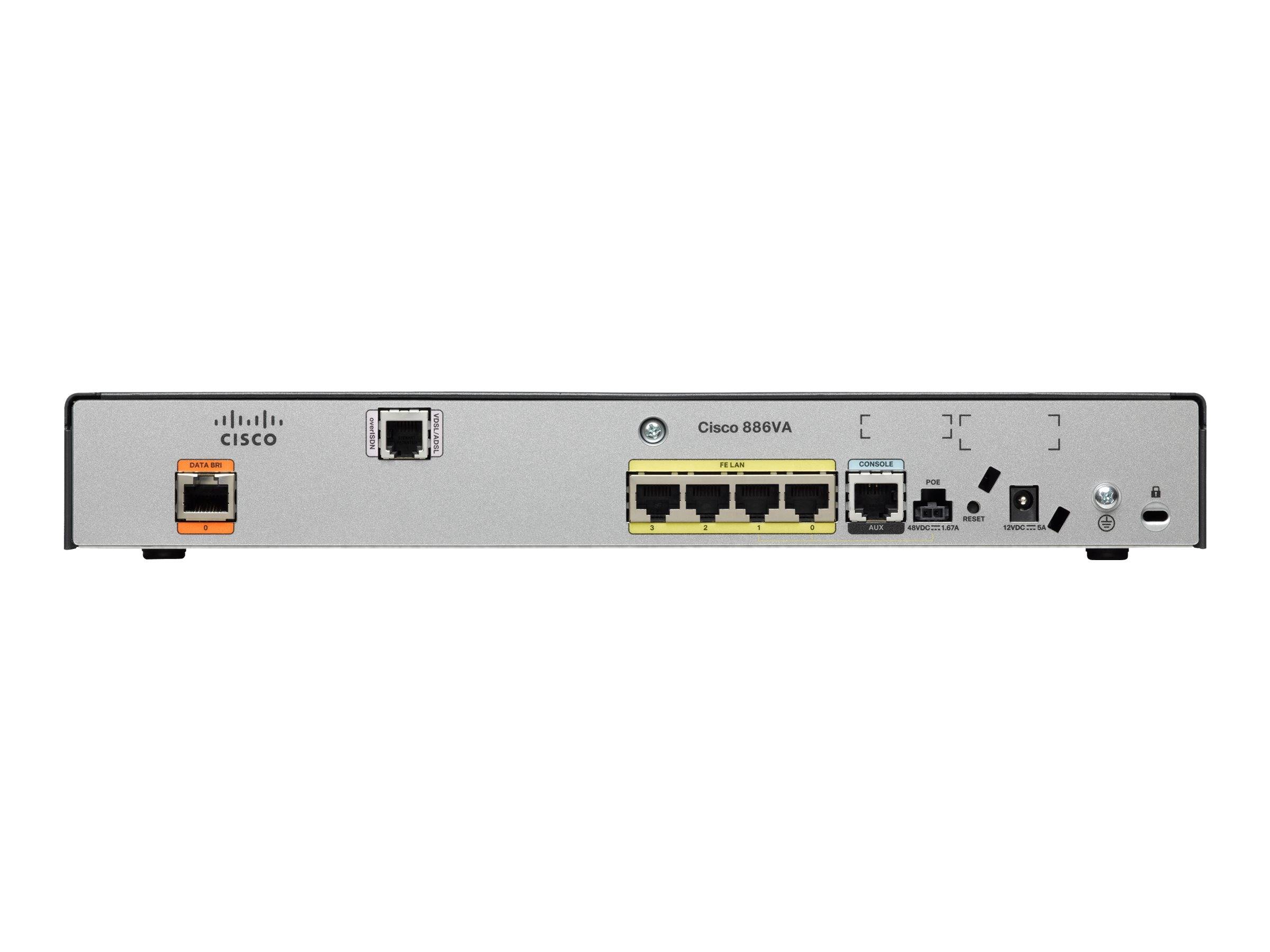 Vorderansicht eines Cisco 886VA-Routers mit einem orangefarbenen Telefonport, einem USB-Port, vier Ethernet-Ports und Power-/Connect-Tasten auf einem grauen Bedienfeld.