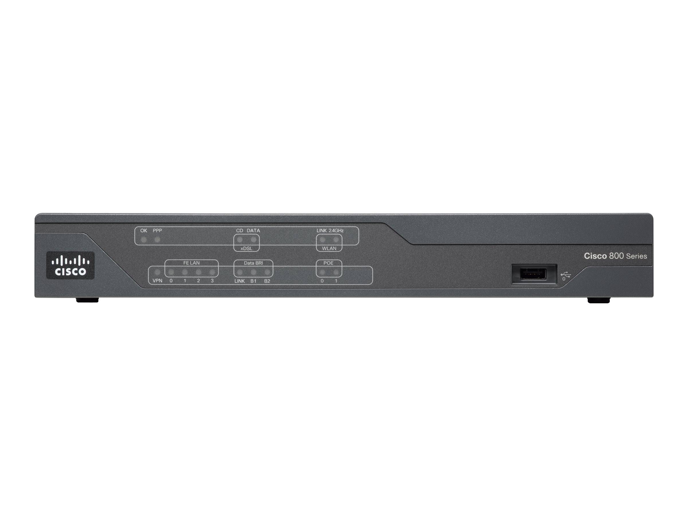 Vorderansicht eines Cisco 800 Series Netzwerk-Routers/Modems mit gekennzeichneten Anschlüssen und Statusindikatoren auf einem grauen Bedienfeld.
