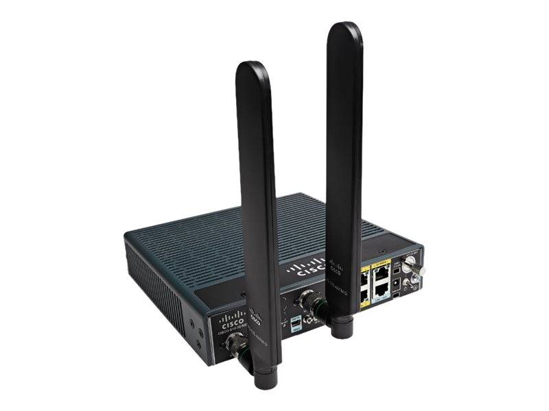 Cisco WLAN-Router mit zwei hohen Antennen auf weißem Hintergrund, in Winkelansicht mit sichtbaren Ethernet- und Stromanschlüssen.