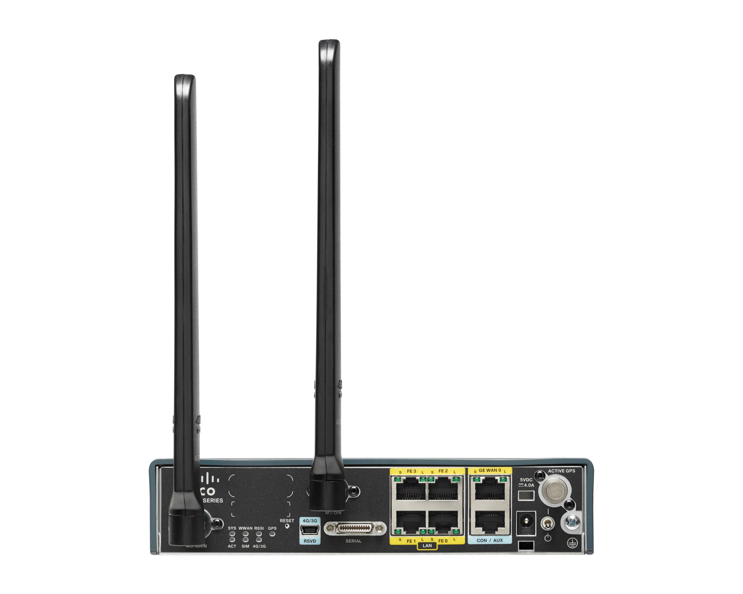 Rückansicht eines WLAN-Routers mit zwei Antennen, die Ethernet-Anschlüsse, USB, Stromversorgung und Statusanzeigen zeigt.