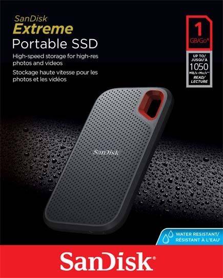 SanDisk Extreme Portable SSD-Paket, zu den Funktionen gehören ‚Hochgeschwindigkeitsspeicher für hochauflösende Fotos und Videos', mit Wasserresistenz.