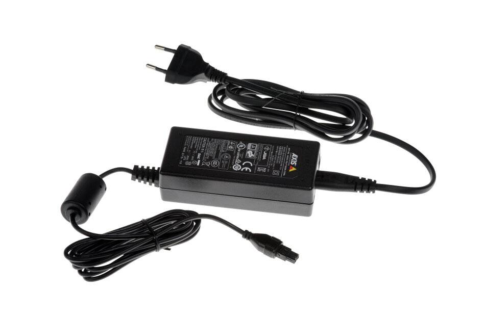 Schwarzer Wechselstromadapter mit Kabel und zweipoliger Steckdose, dargestellt auf weißem Hintergrund.