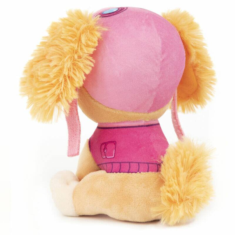 Rückansicht eines rosa-gelben Plüschhundes mit flauschigen Ohren und Schwanz, sitzend auf weißem Hintergrund.
