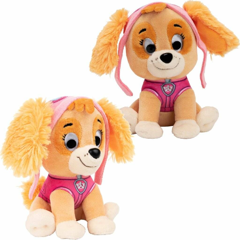 Zwei plüschige Hundespielzeuge in rosa Outfits und Fliegerbrille-ähnlichen Schutzgläsern, dargestellt vor weißem Hintergrund.