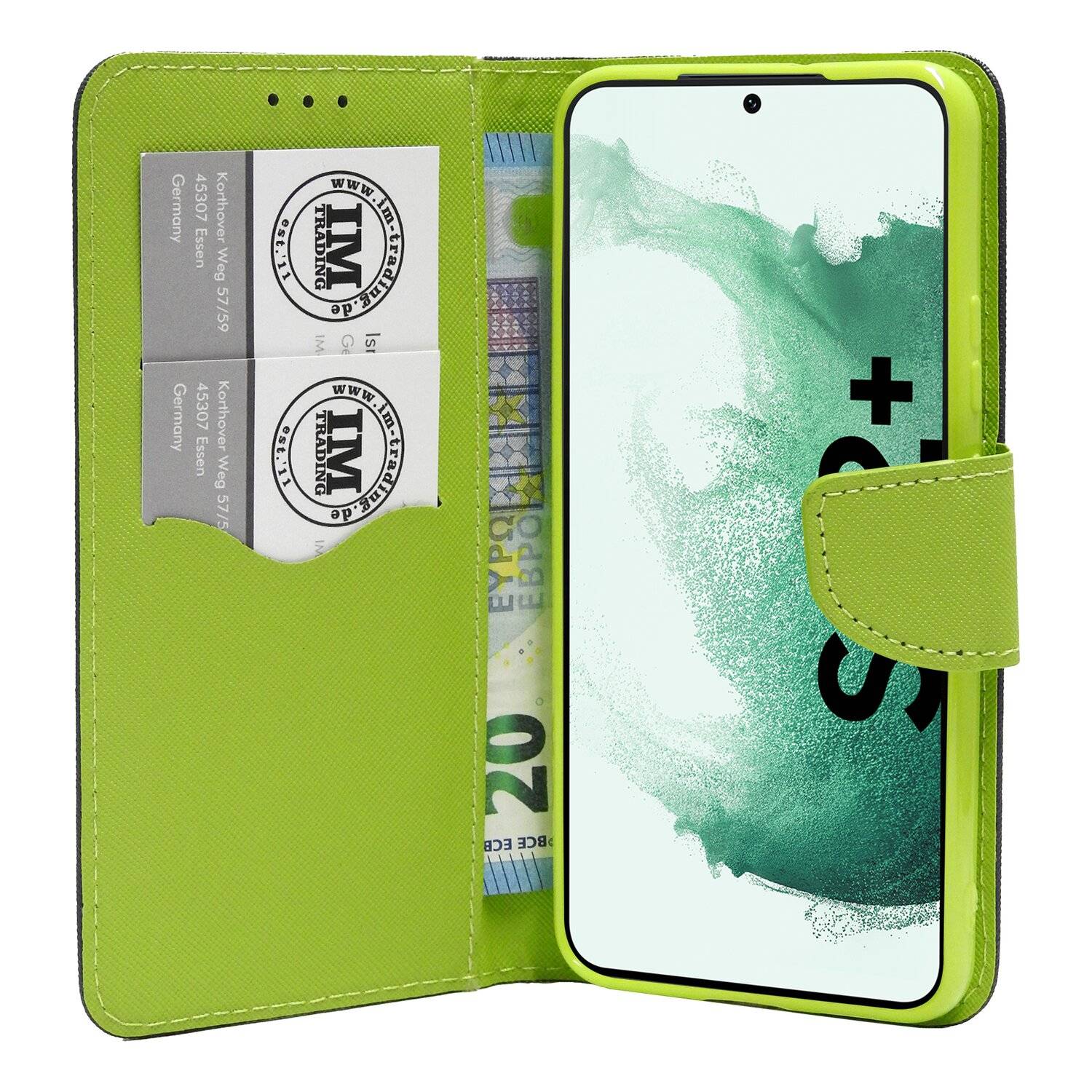 Buch Tasche "Fancy" für SAMSUNG GALAXY S22 PLUS Handy Hülle Etui Schutzhülle mit Standfunktion, Kartenfach Blau-Grün