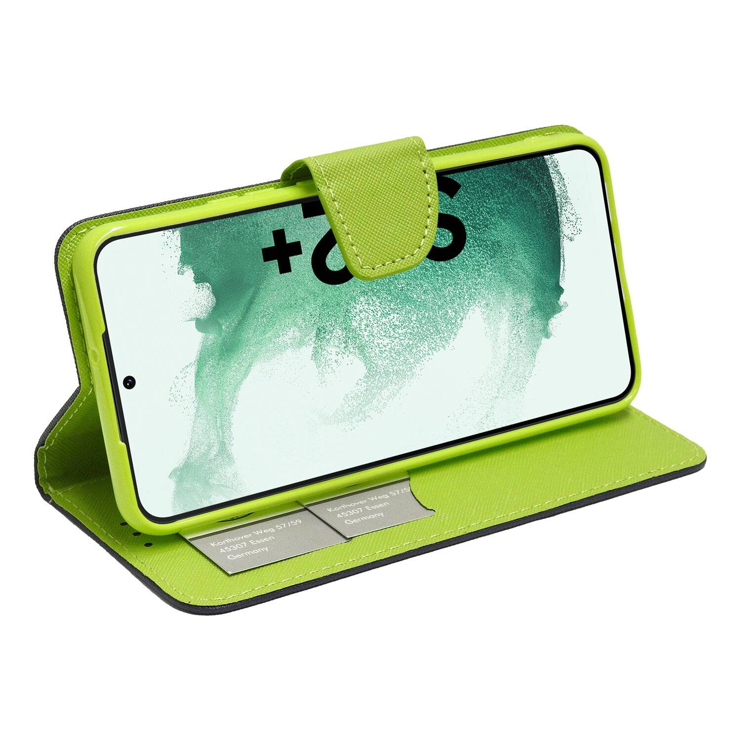 Buch Tasche "Fancy" für SAMSUNG GALAXY S22 PLUS Handy Hülle Etui Schutzhülle mit Standfunktion, Kartenfach Blau-Grün