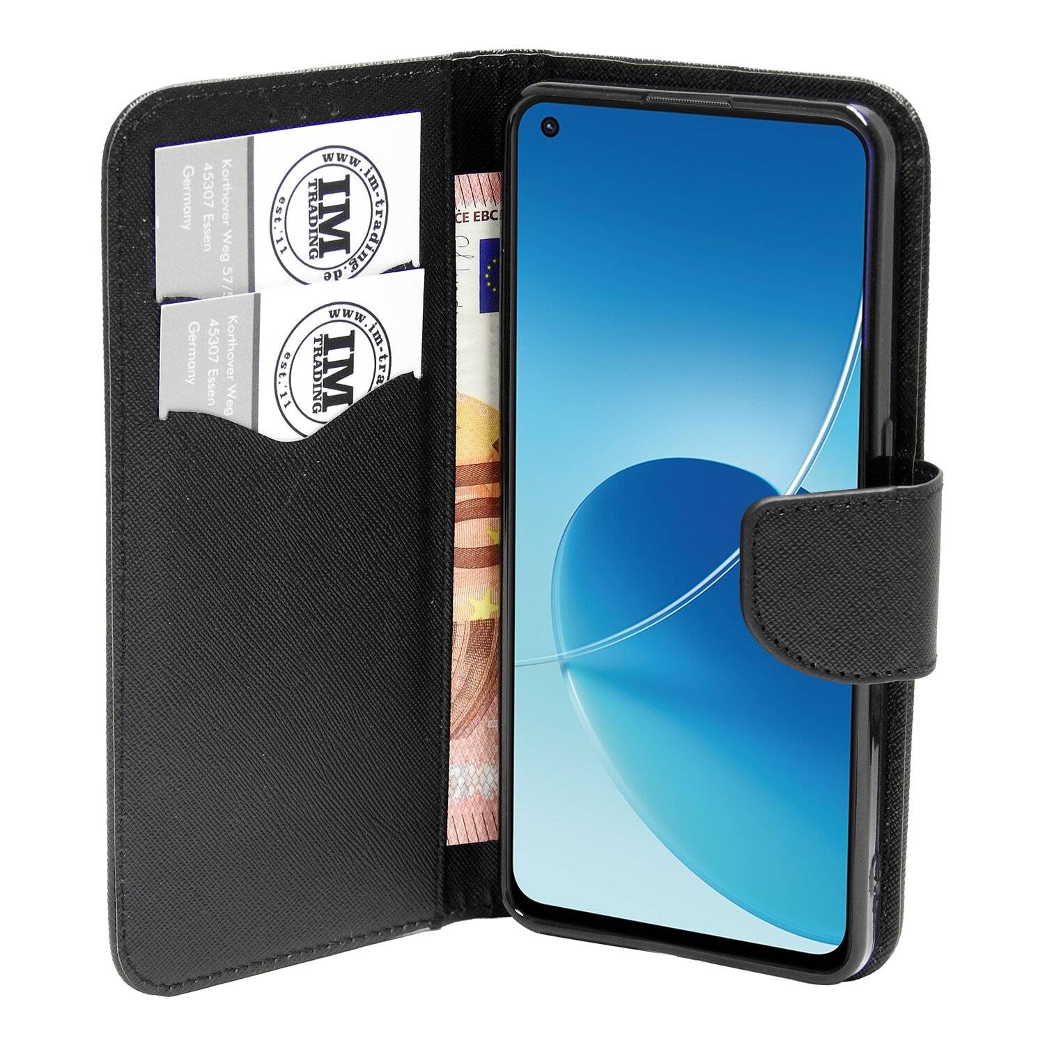 Buch Tasche "Fancy" für OPPO Reno6 5G Handy Hülle Etui Brieftasche Schutzhülle mit Standfunktion, Kartenfach Schwarz