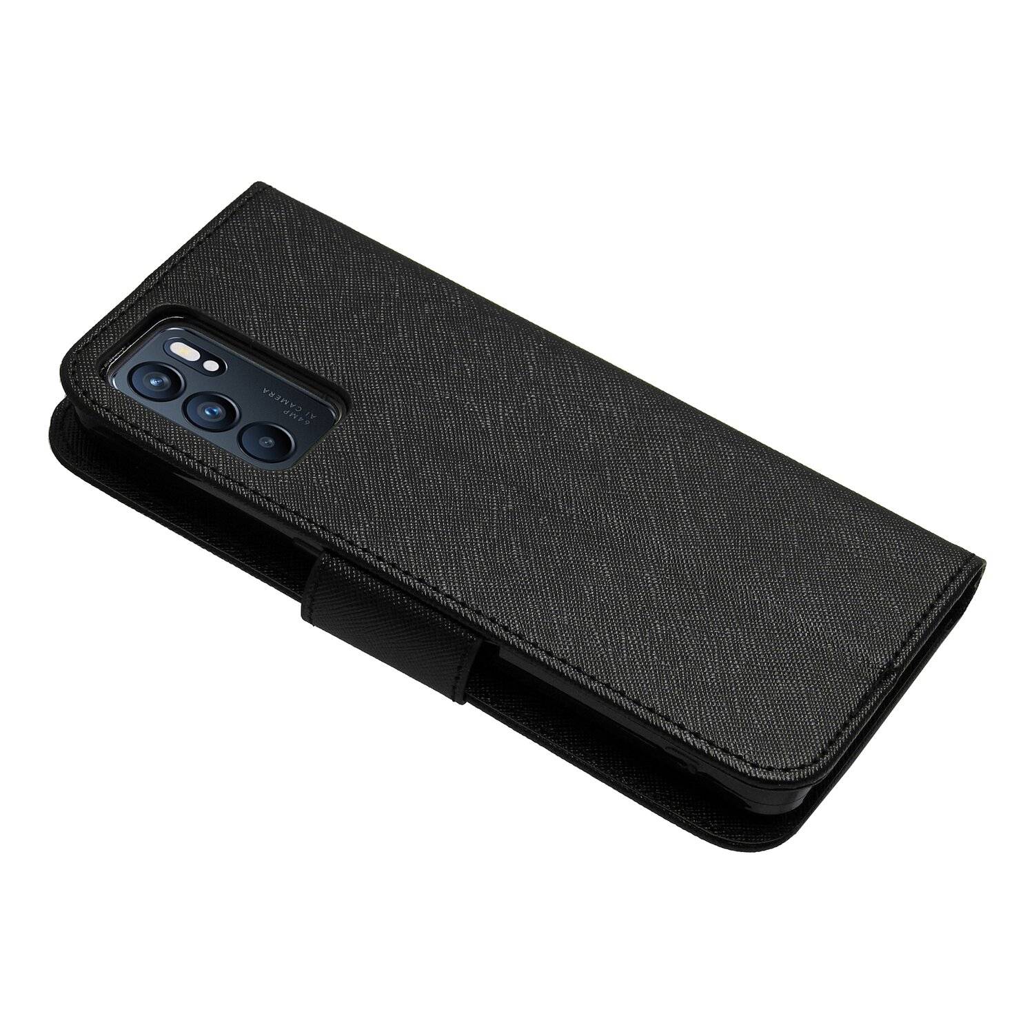 Buch Tasche "Fancy" für OPPO Reno6 5G Handy Hülle Etui Brieftasche Schutzhülle mit Standfunktion, Kartenfach Schwarz
