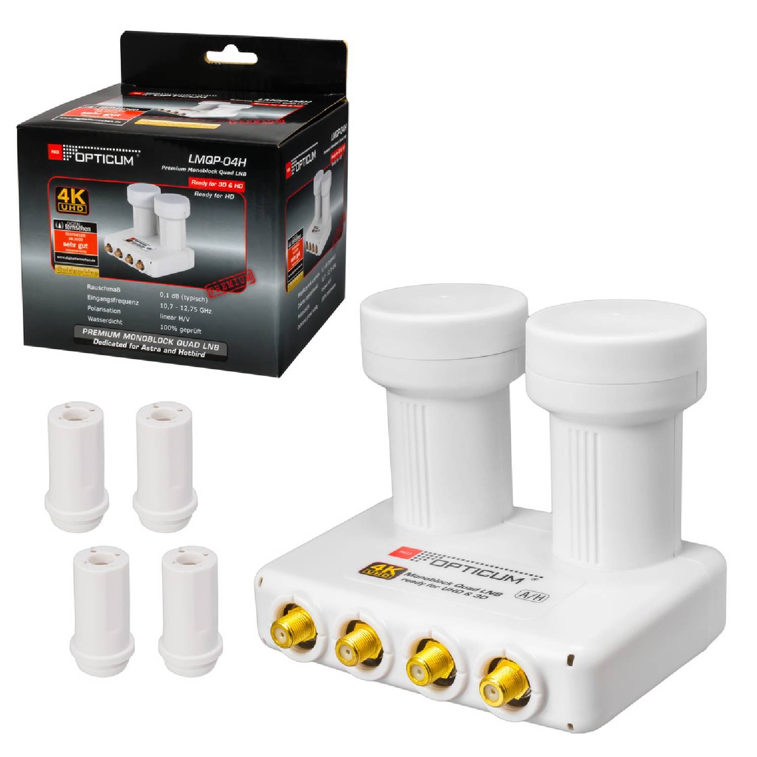 Monoblock Quad LMQP 04H LNB 0.1dB 4 Teilnehmer & 2 Satelliten, DiseqC, inkl. Wetterschutztülle