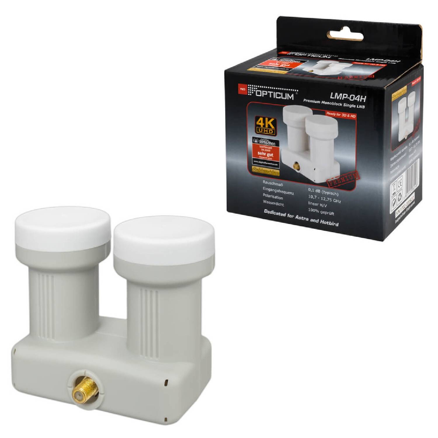 Monoblock Single LNB LMP 04H 0.1dB - 1 Teilnehmer & 2 Satelliten integriertem DiseqC 3D 4K Ready A/H