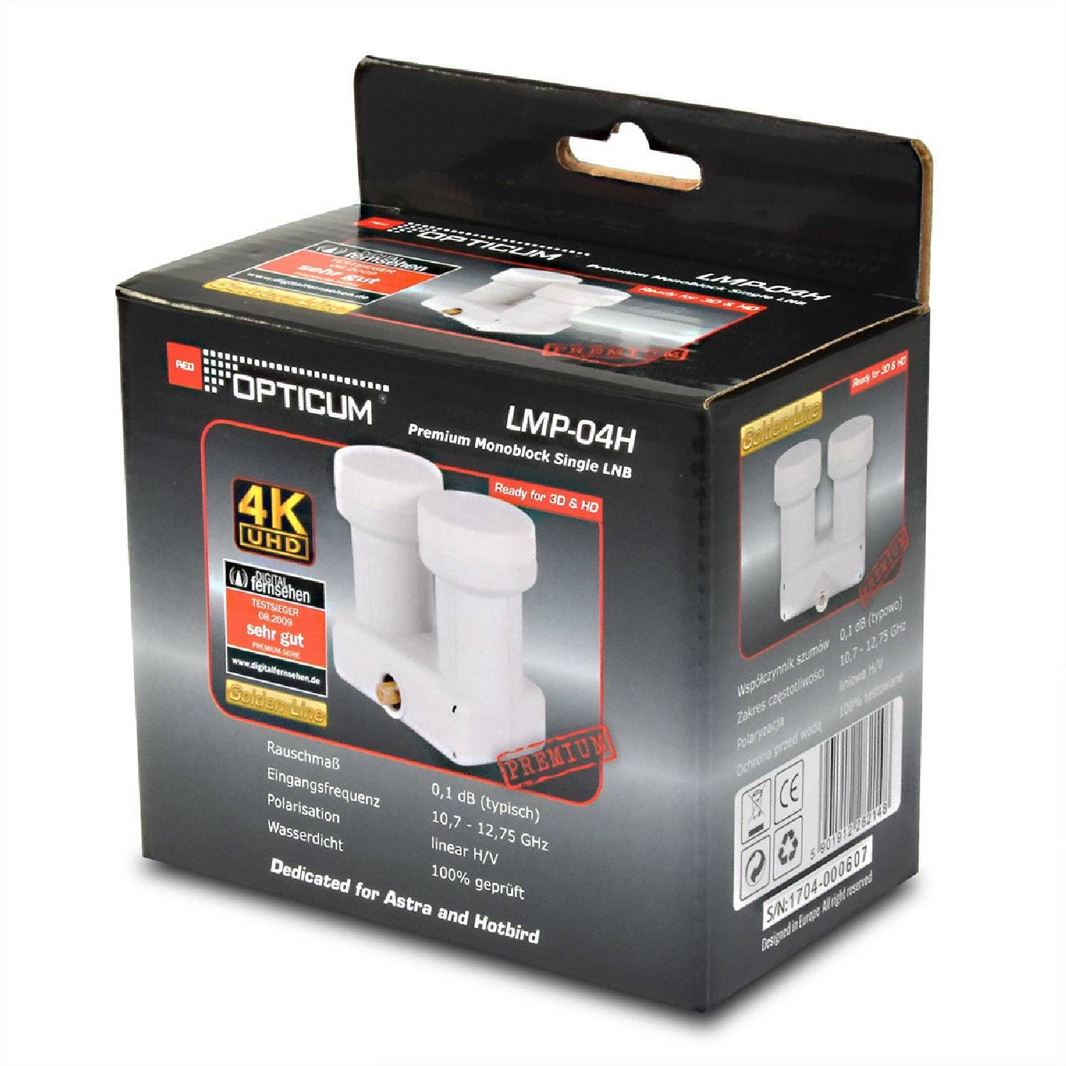 Monoblock Single LNB LMP 04H 0.1dB - 1 Teilnehmer & 2 Satelliten integriertem DiseqC 3D 4K Ready A/H