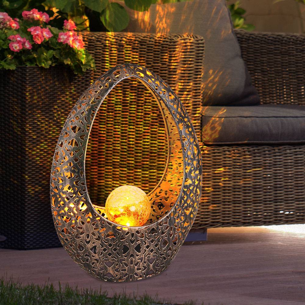 Orientalische Solarlampen für Außen Gartendeko Outdoor Balkon Deko, Dekorstanzungen Glaskugel bronze gold, 1x LED warmweiß, LxH 21,5 x 27,5 cm, 2er