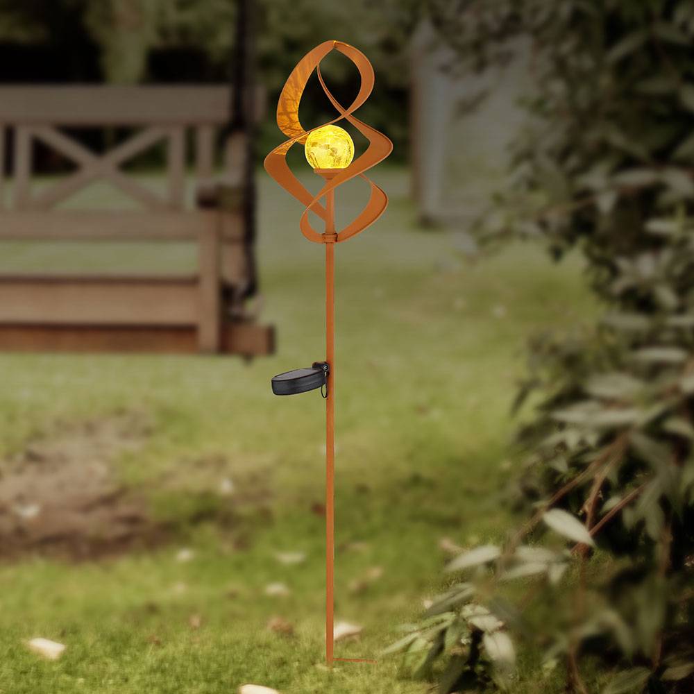 Solarlampen für außen Garten Steckleuchte IP44 Akku Solarleuchten Garten, Rotierend, Metall rostfarben Glas amber crackle, 1x LED 3000K, DxH 14,5x90
