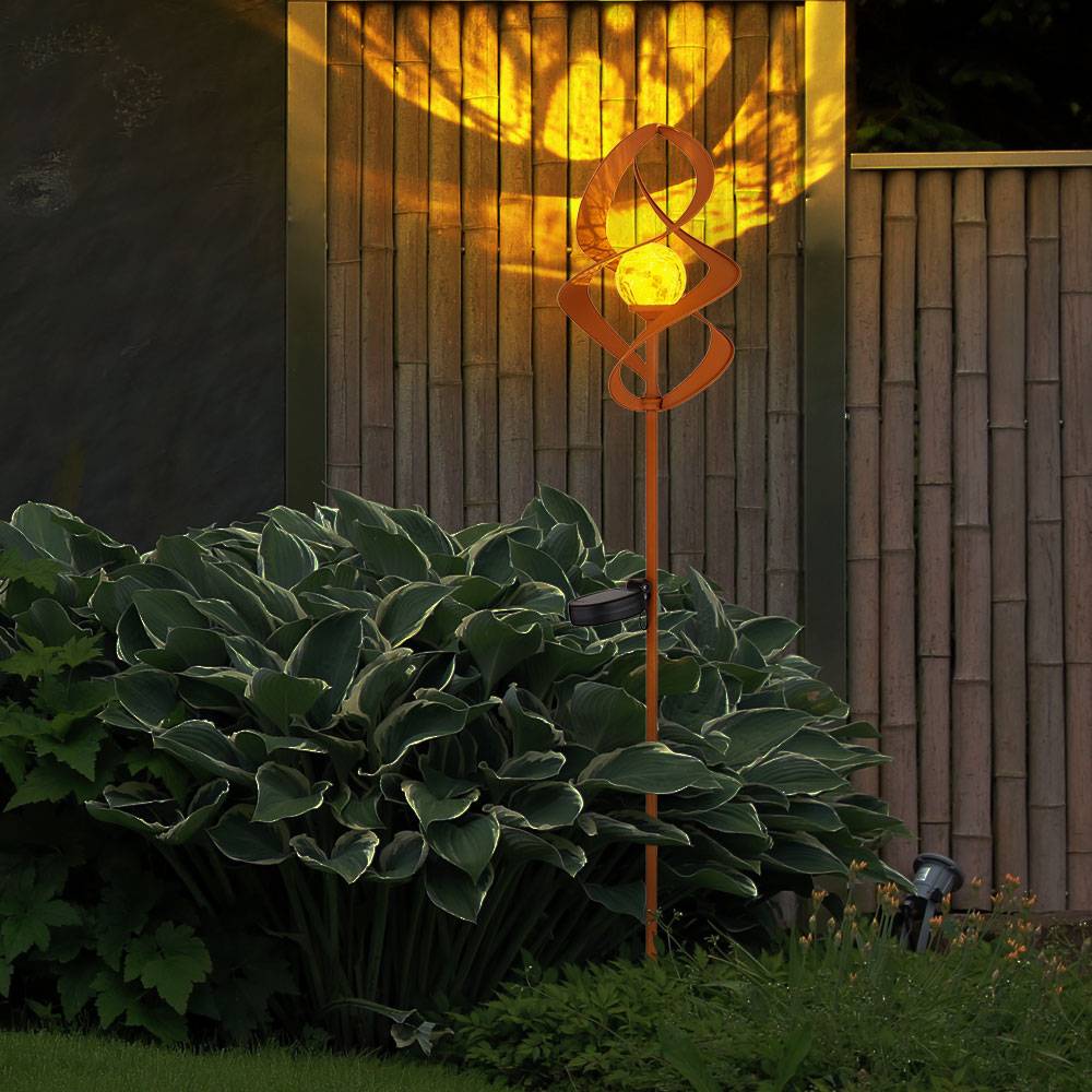 Solarlampen für außen Garten Steckleuchte IP44 Akku Solarleuchten Garten, Rotierend, Metall rostfarben Glas amber crackle, 1x LED 3000K, DxH 14,5x90
