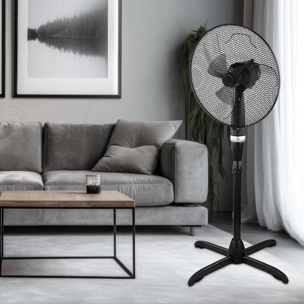 Ventilator Stehventilator Standventilator Kühler Lüfter, 3 Stufen höhenverstellbar oszillierend, Chrom Metall schwarz, 55 Watt, LxBxH 62x43x135cm