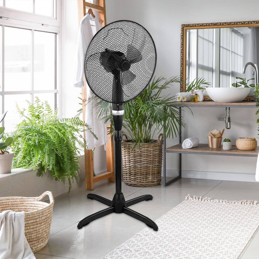 Ventilator Stehventilator Standventilator Kühler Lüfter, 3 Stufen höhenverstellbar oszillierend, Chrom Metall schwarz, 55 Watt, LxBxH 62x43x135cm