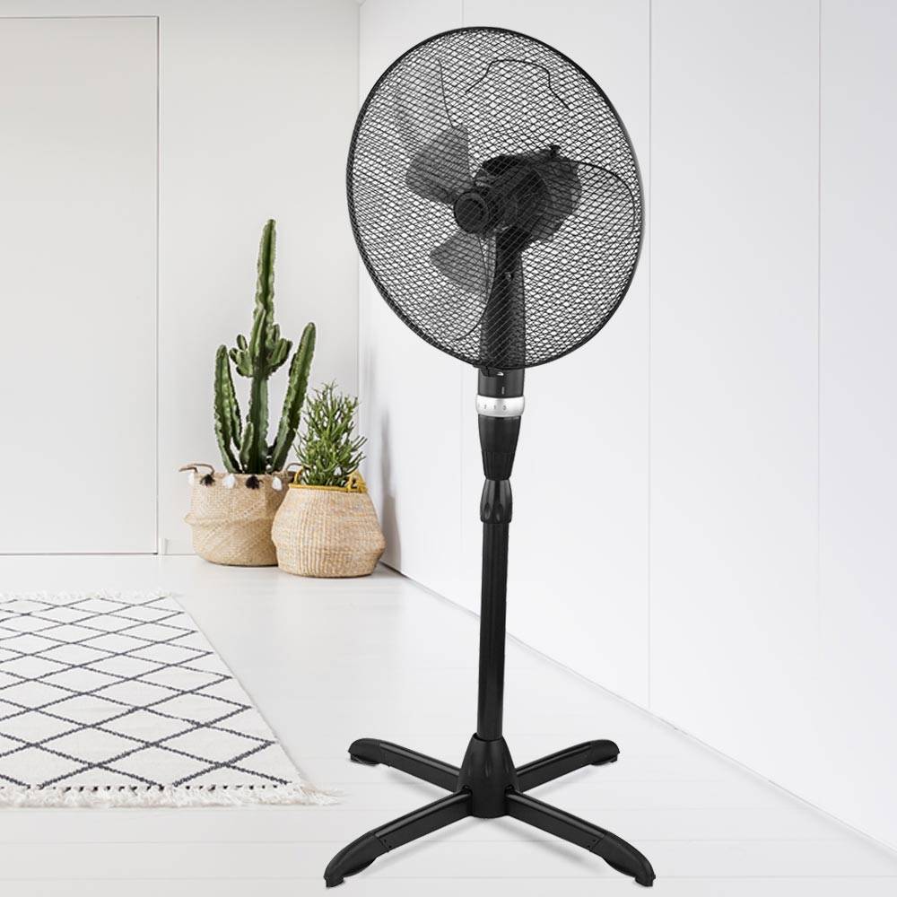 Ventilator Stehventilator Standventilator Kühler Lüfter, 3 Stufen höhenverstellbar oszillierend, Chrom Metall schwarz, 55 Watt, LxBxH 62x43x135cm