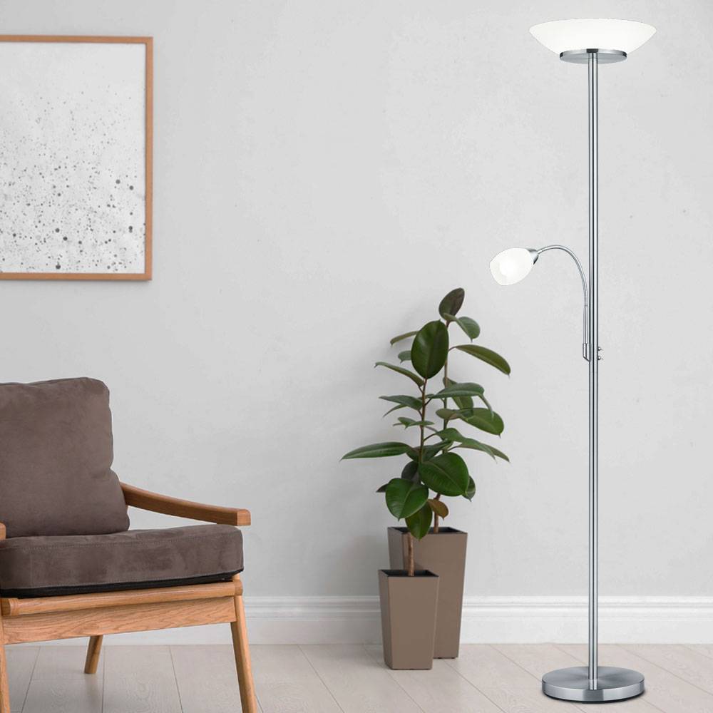 Deckenfluter mit Leselampe Stehlampe Wohnzimmer Modern Standleuchten & Deckenfluter, Glas weiß, Flexo Arm, 2x E27 1x E14, DxH 34x180 cm