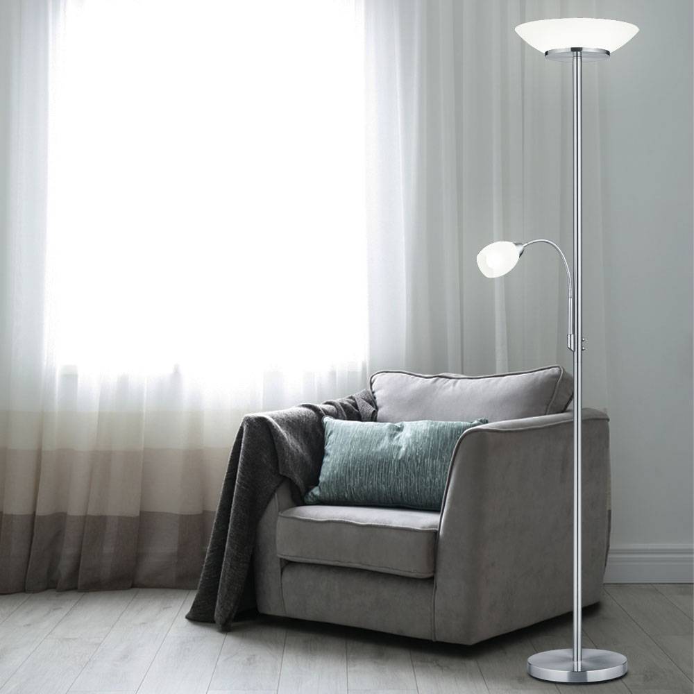 Deckenfluter mit Leselampe Stehlampe Wohnzimmer Modern Standleuchten & Deckenfluter, Glas weiß, Flexo Arm, 2x E27 1x E14, DxH 34x180 cm