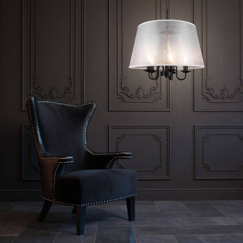 Pendelleuchte Kronleuchter Schirmleuchte Lüster Hängelampe Wohnzimmer, 5 flammig Metall schwarz matt weiß, 5x E14 Fassungen, DxH 50x150 cm