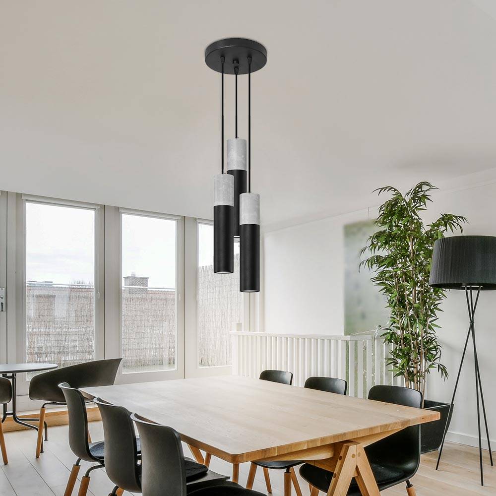 Pendelleuchte Esszimmer Hängelampe 3 flammig Pendellampe skandinavisch schwarz, Metall Beton grau, 3x GU10 Fassungen, DxH 6x90 cm