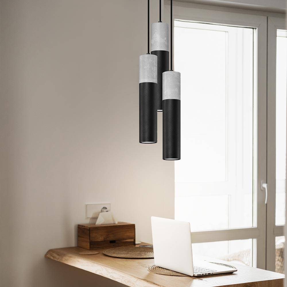 Pendelleuchte Esszimmer Hängelampe 3 flammig Pendellampe skandinavisch schwarz, Metall Beton grau, 3x GU10 Fassungen, DxH 6x90 cm