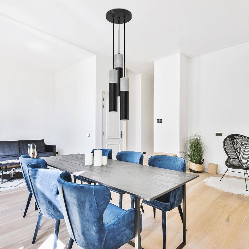 Pendelleuchte Esszimmer Hängelampe 3 flammig Pendellampe skandinavisch schwarz, Metall Beton grau, 3x GU10 Fassungen, DxH 6x90 cm