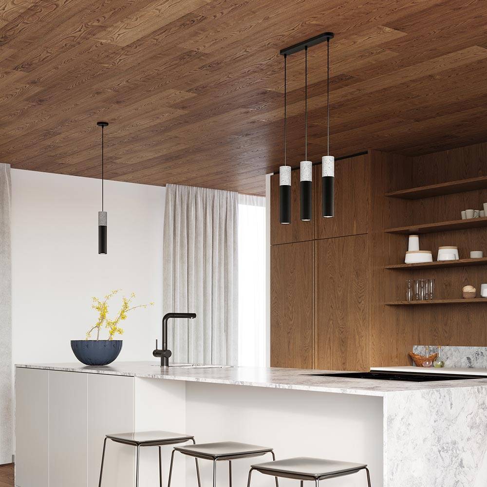 Pendelleuchte Esszimmer Hängelampe 3 flammig Pendellampe skandinavisch schwarz, Metall Beton grau, 3x GU10 Fassungen, DxH 6x90 cm