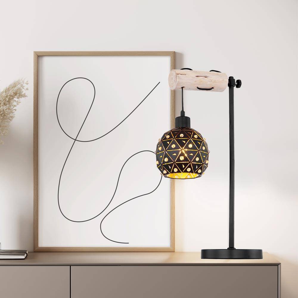 Tischlampe Tischleuchten Schlafzimmerleuchte Holz mit Kristallschirm in Kugelform höhenverstellbar, Metall, 1x E27, LxBxH 34x18x55 cm