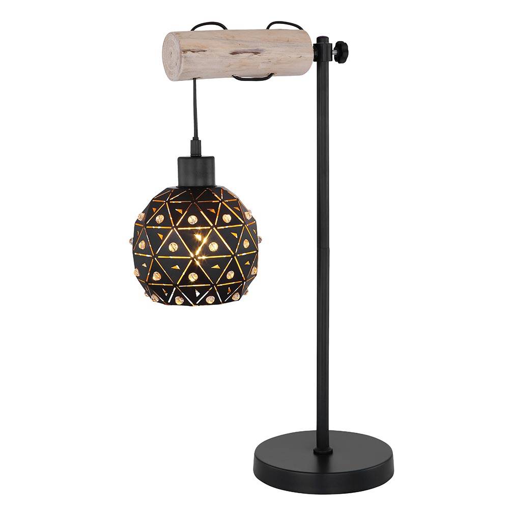 Tischlampe Tischleuchten Schlafzimmerleuchte Holz mit Kristallschirm in Kugelform höhenverstellbar, Metall, 1x E27, LxBxH 34x18x55 cm