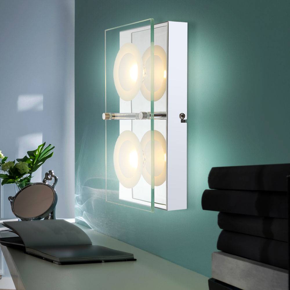 LED Wandleuchte Glas Wandlampe Flurleuchte Chrom Wohnzimmerleuchte mit Glasplatte, klar satiniert, 2x 5W 360lm warmweiß, LxBxH 25x12,5x6,5 cm
