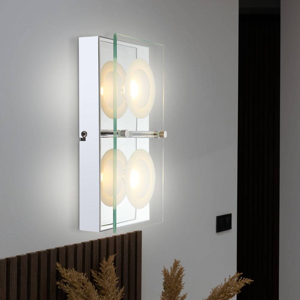 LED Wandleuchte Glas Wandlampe Flurleuchte Chrom Wohnzimmerleuchte mit Glasplatte, klar satiniert, 2x 5W 360lm warmweiß, LxBxH 25x12,5x6,5 cm