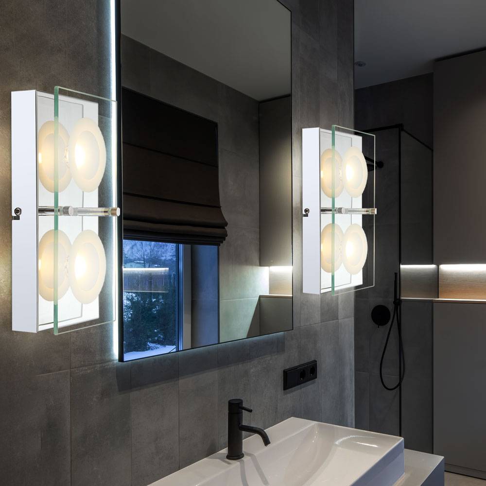 LED Wandleuchte Glas Wandlampe Flurleuchte Chrom Wohnzimmerleuchte mit Glasplatte, klar satiniert, 2x 5W 360lm warmweiß, LxBxH 25x12,5x6,5 cm