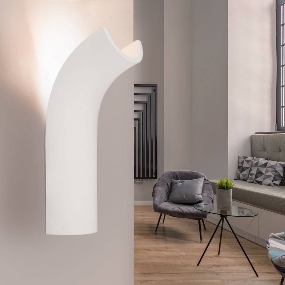 Wandleuchte Wandlampe Innenleuchte Flurleuchte Eingangsbereich, Gipsgestell weiß, gebogene Form, 1x LED 4,2 Watt 200 Lumen warmweiß, HxBxA 30x10x12