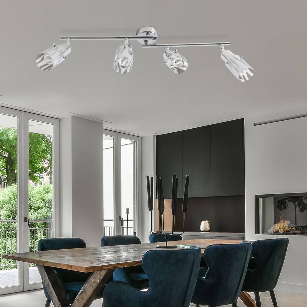 Deckenstrahler Deckenleuchte Wohnzimmer Spotleiste, bewegliche Strahler, Glas Chrom opal, 4x E14 Fassungen, LxH 69x12,5cm